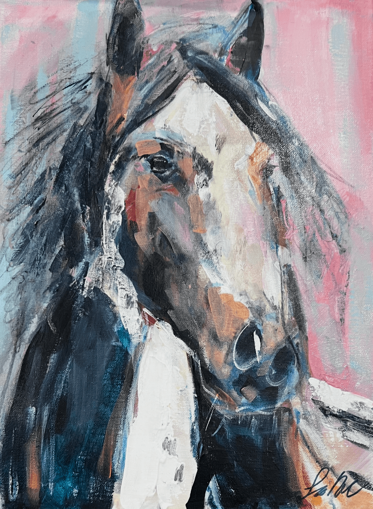 A painting of a horse withed pinks, blues, and browns.
