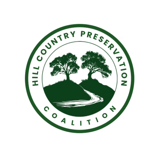 the Hill Country Preservation Coalition logo, a green logo with two trees on two hills, a stream running between the hills
