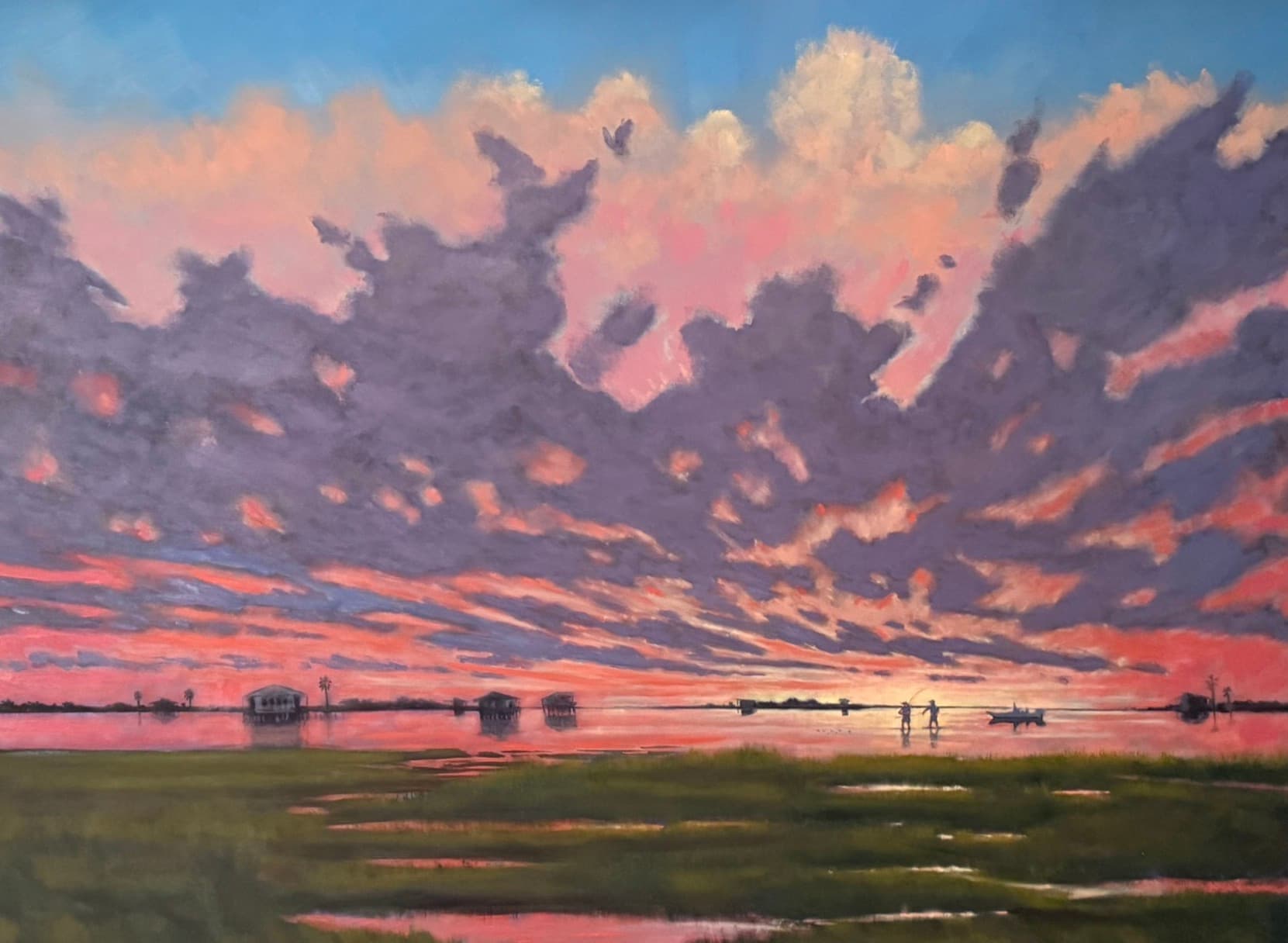 A painting of coastal Texas, the sky pink and the water reflecting the pink