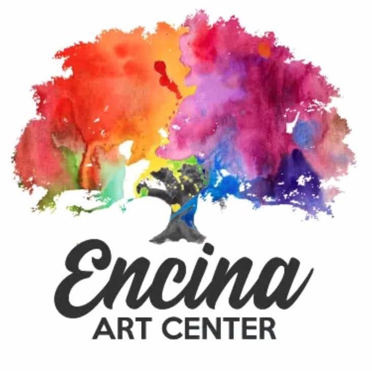 An image of a colorful, watercolor style tree, featuring the words Encina Art Center
