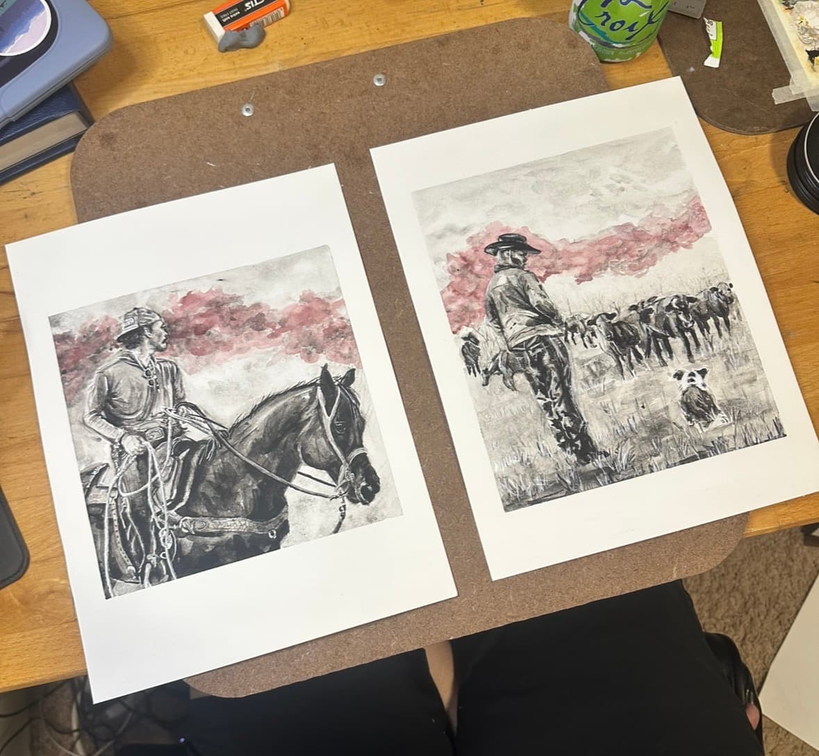 Two charcoal and watercolor paintings of cowboys