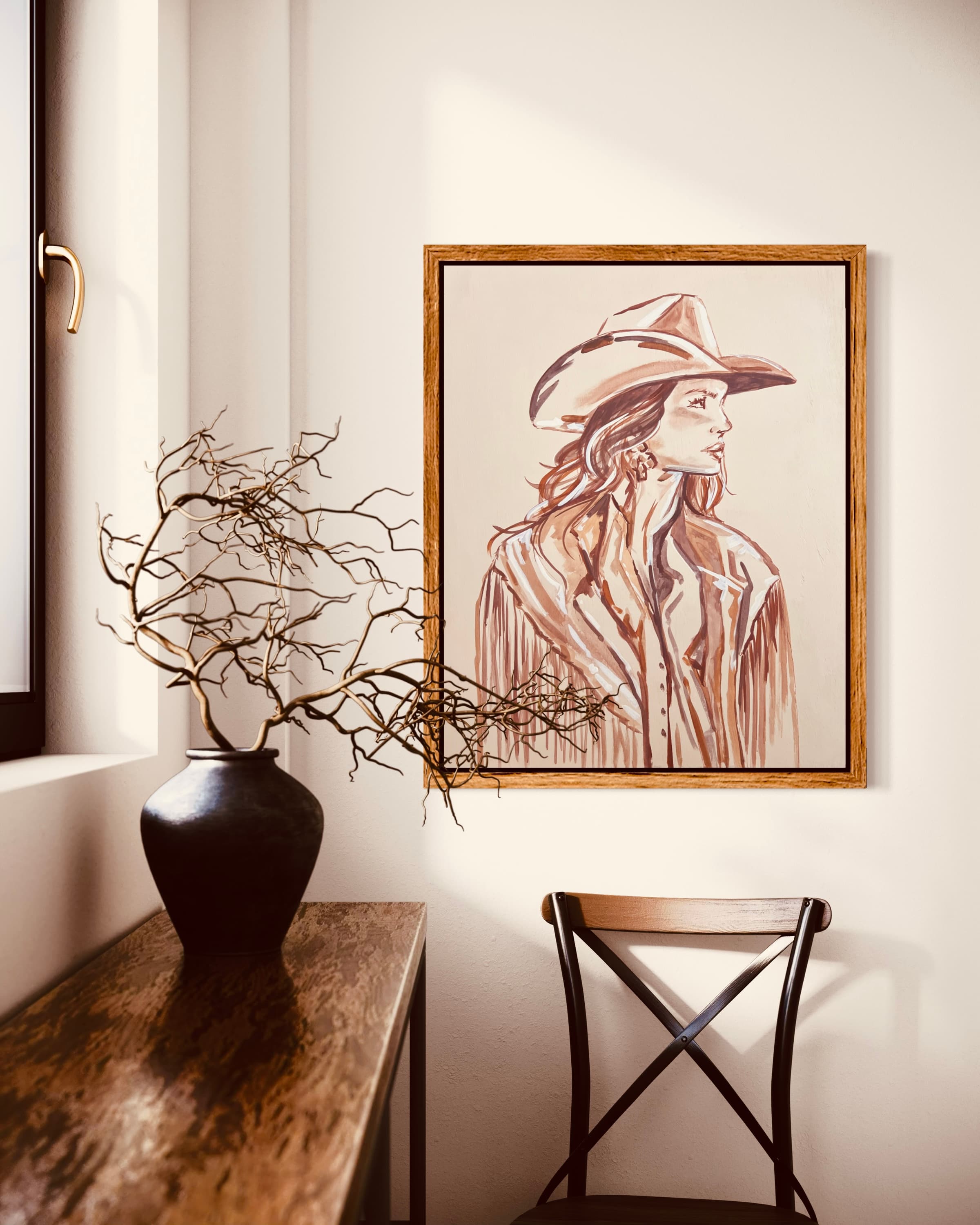A brown portrait painting of a woman with a fringe jacket and a cowboy hat